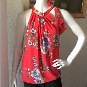 Color! Coral Floral Secretary Bow Cutaway Neck Top S